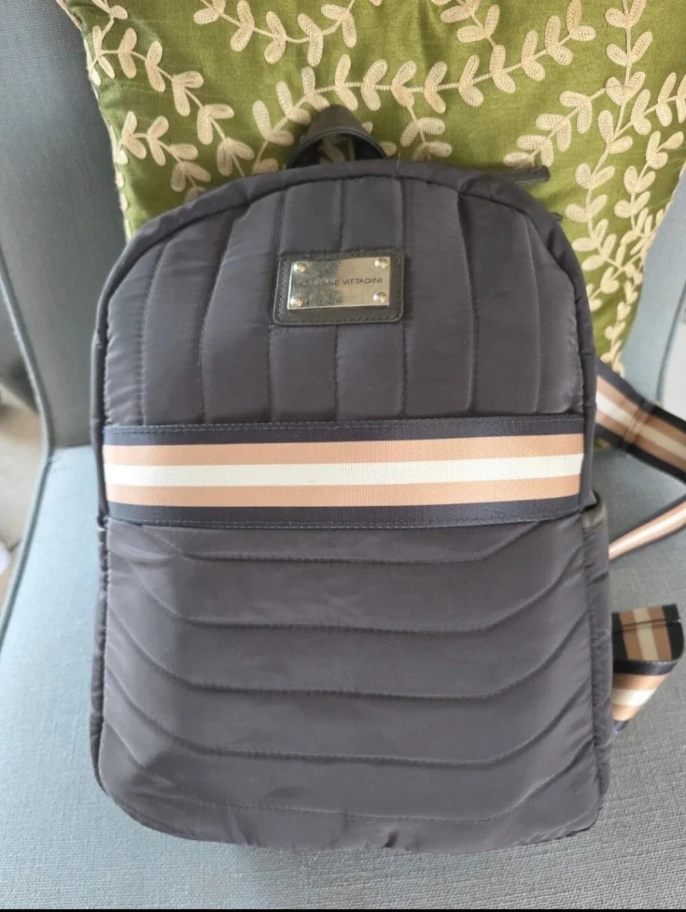 Quilted, Sleek, boxy, Gray Nylon Backpack with Pink-Tan Stripe.